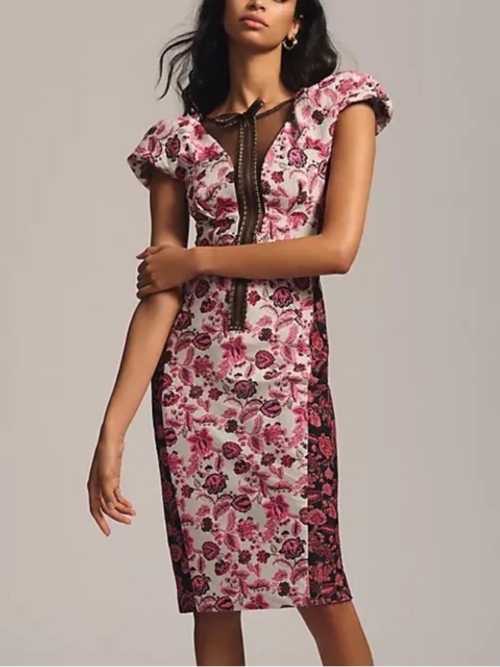 🆕 Byron Lars Anthropologie Pink Floral Lace-Trim Midi Dress